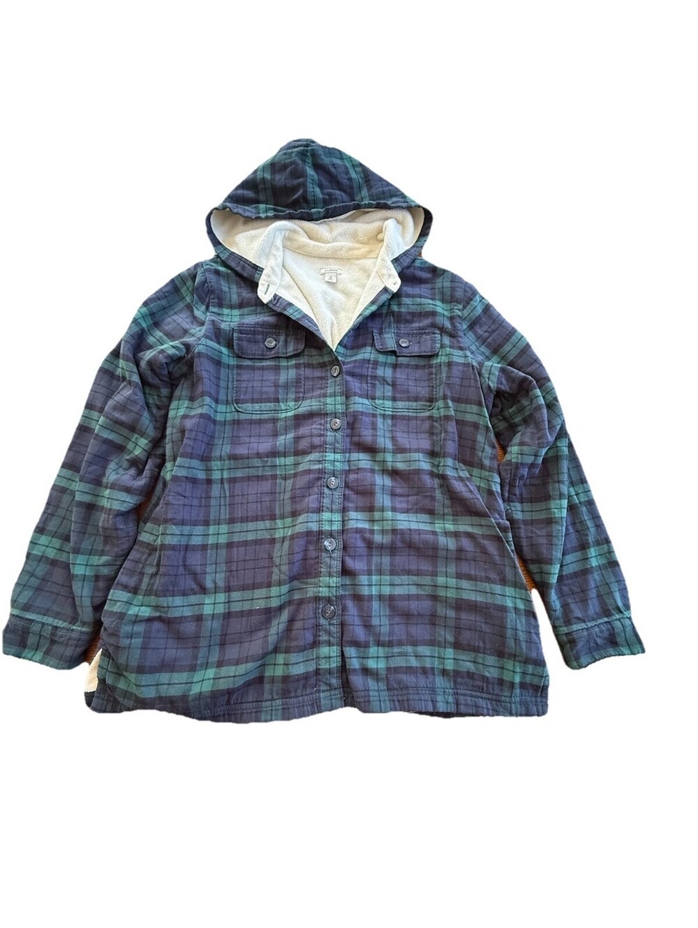LL Bean Fleece Lined Plaid Flannel Hoodie Jacket Shirt Womens Medium